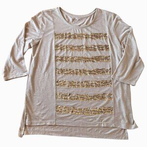 Chicos Beige and Gold Sequin 3/4 Sleeve Top Size Medium Effortless Elegance